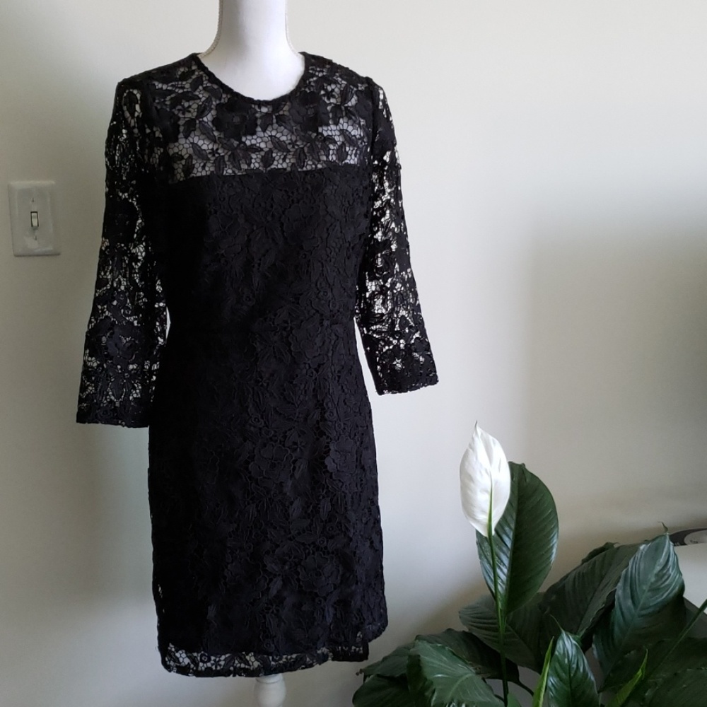 J.Crew Black Sheer Lace Dress Size 8 3/4 Sleeve Wedding Guest Prom Formal